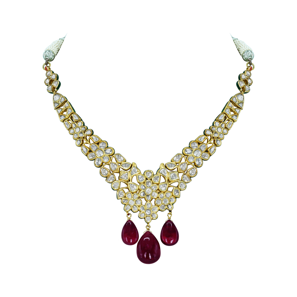 Polki Necklace with Cascading Rubylite Drops